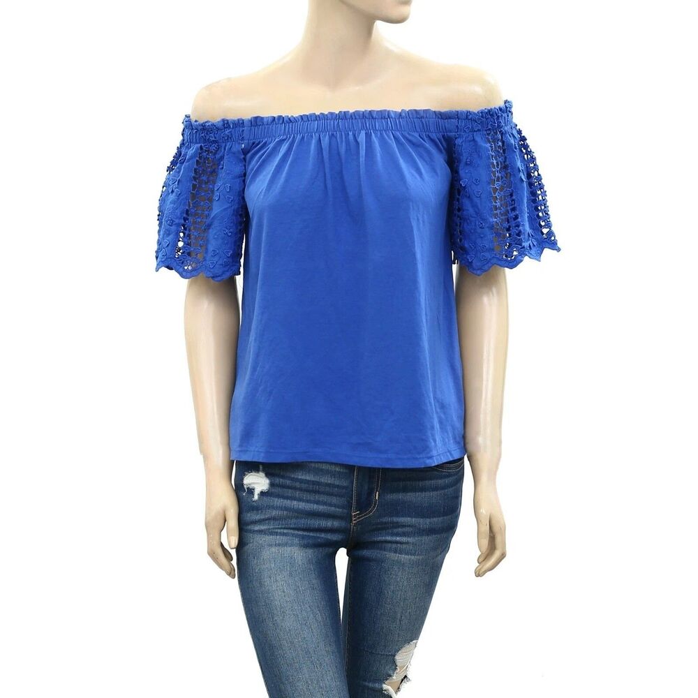 Lilly Pulitzer Fayette Off-The-Shoulder Blouse Top Crochet Ruffle Blue XL 287602 - Picture 4 of 9